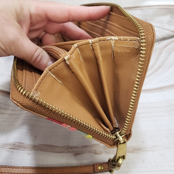 Fossil Boho Fall Leaves Camel Brown Leather Zip Wallet Wristlet READ 8" 2016 - Picture 9 of 15